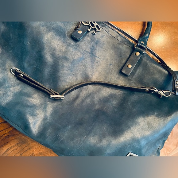 NWT A.S. 98 leather unisex Ocean Blue with black trim zipper satchel bag - Picture 11 of 13